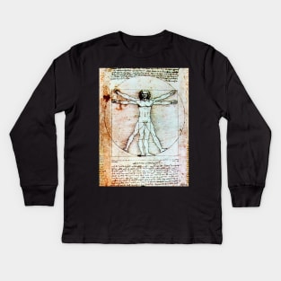 VITRUVIAN MAN Handwriting of Leonardo Da Vinci Antique Parchment Kids Long Sleeve T-Shirt